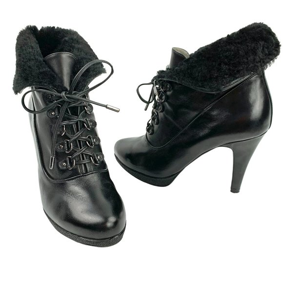 KENNETH COLE NY Mason Black Leather Fold Over Faux Fur Booties - Picture 6 of 11